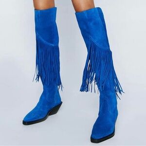 Coachella Blue Fringe Suede Knee-High Boots - Women